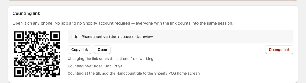 The counting link and its QR code, in the admin