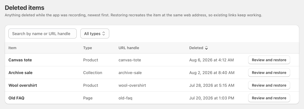 Deleted items, ready to be brought back