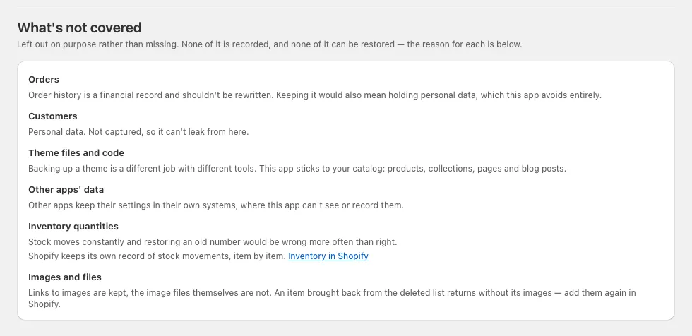 The app's own list of what it leaves alone